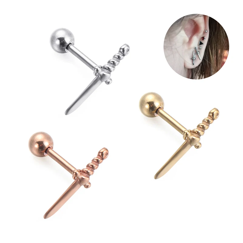 1pc Sword Helix Cartilage Earrings Conch Lobe Tragus Piercing Earring Stainless Steel Ear Studs  Women Men 16G Fashion Jewelry