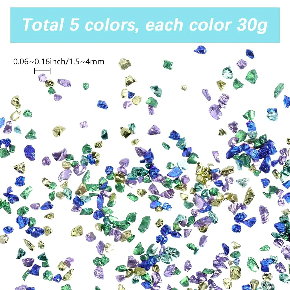 1Box 5Colors 150G Blue Broken Glass Small Crushed Crystals Bulk Irregular Glitter Metallic Stones Flakes Glass Chips for Diy Art