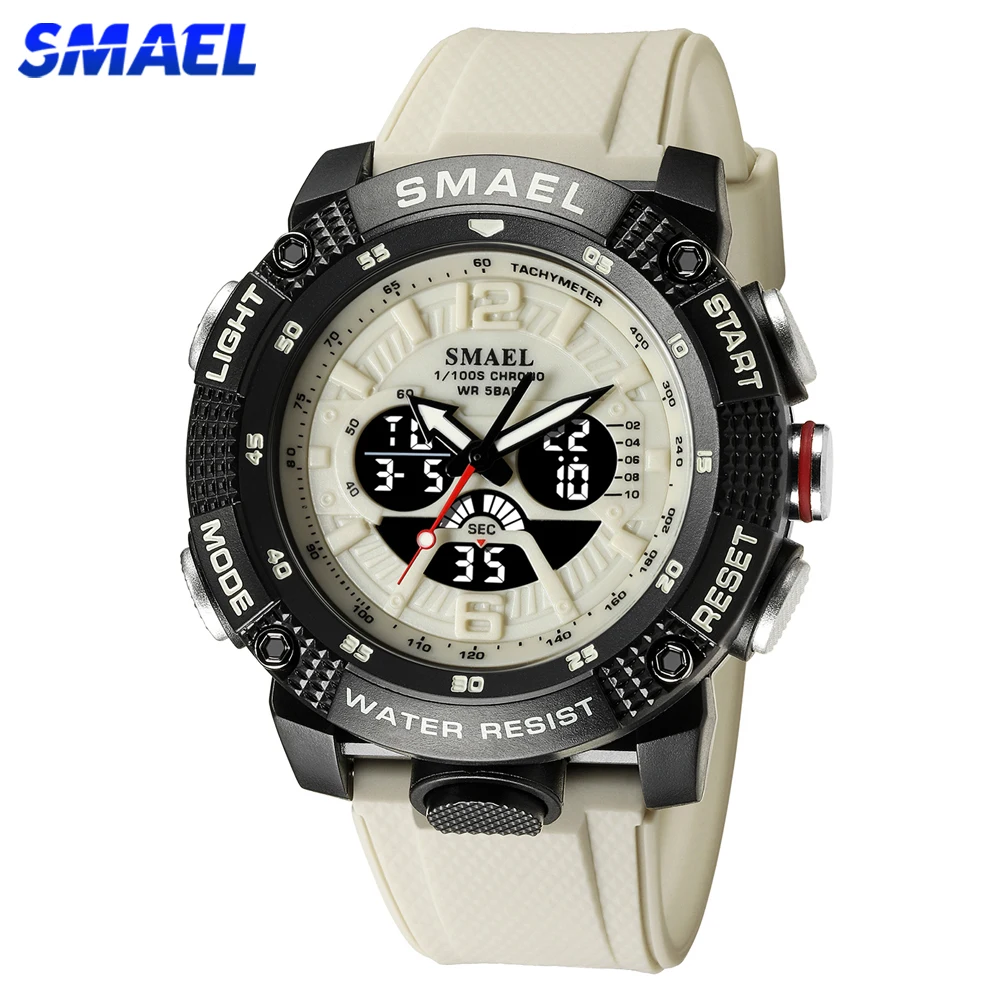 SMAEL Dual Zeit Digitale Uhr für Männer Military Sport Chronograph Quarz Armbanduhr Beige Strap mit Datum Elektronische Uhr Männlichen