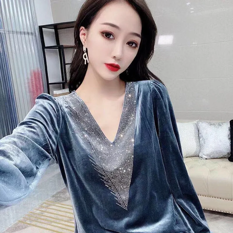 Elegant V-Neck Loose Spliced Diamonds Blouse Women\'s Clothing 2024 Autumn New All-match Casual Pullovers Office Lady Shirt