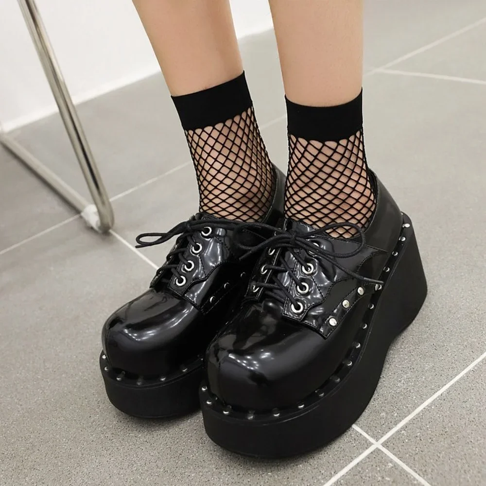 Women Lolita Rivet Belt Skull Decor Round Toe Sandals Shoes Platform Wedge High Heel Creepers Japanese Harajuku Dark Plus Size