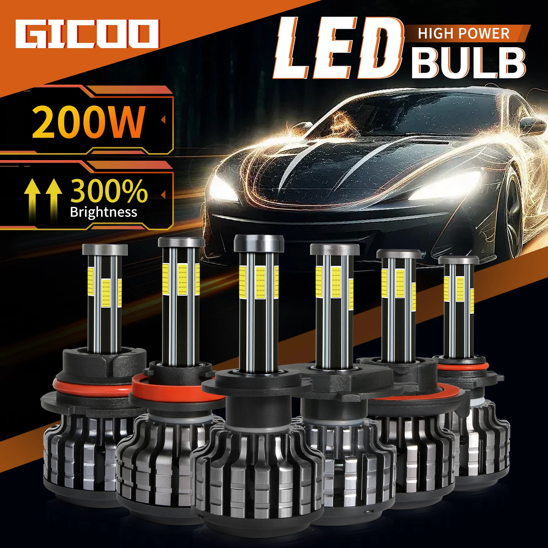 GICOO 360 LED Headlight Bulbs 6 Sides H4 H7 H11 H13 9012 Auto Lighting 200W Fog Lamp 12V H8 H9 6000K