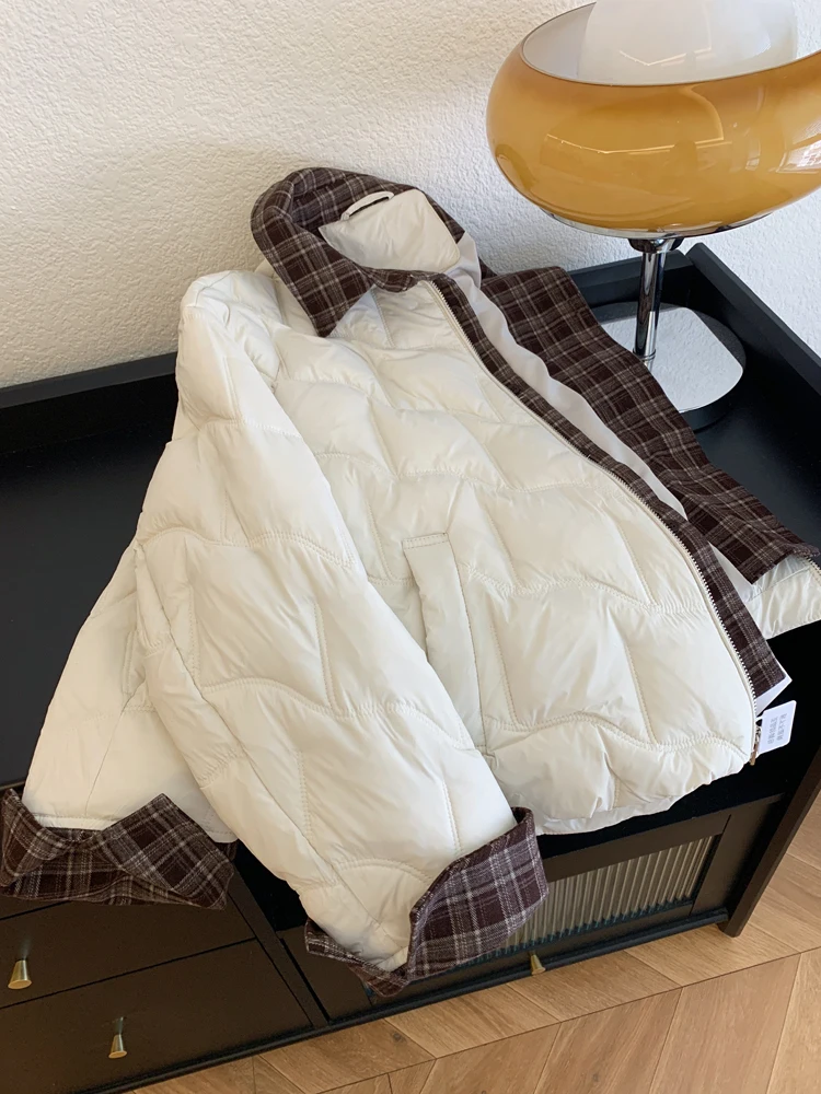 

Women's Loose Fit Plaid Cotton Jaet Autumn Winter Faion Warm Slimming Design Heavy Embroidery Color Blo Collar Top