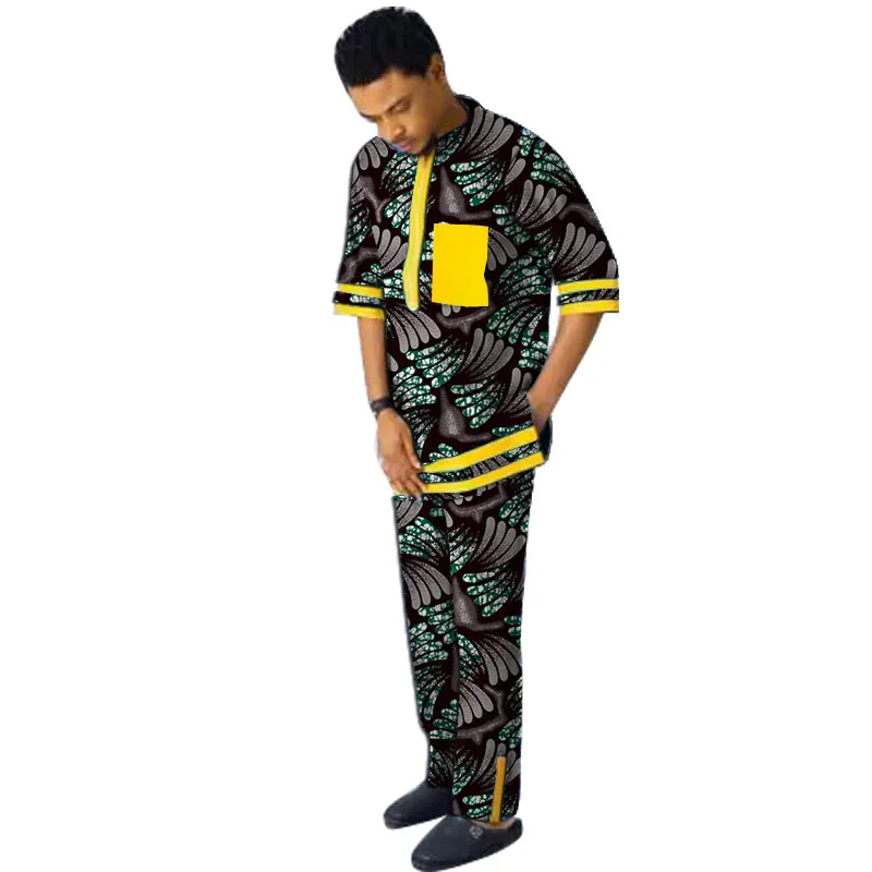 Half Sleeves Men's Sets African Design Couture Patchwork Tops+Solid Trousers Wedding Groom Suits Tailored