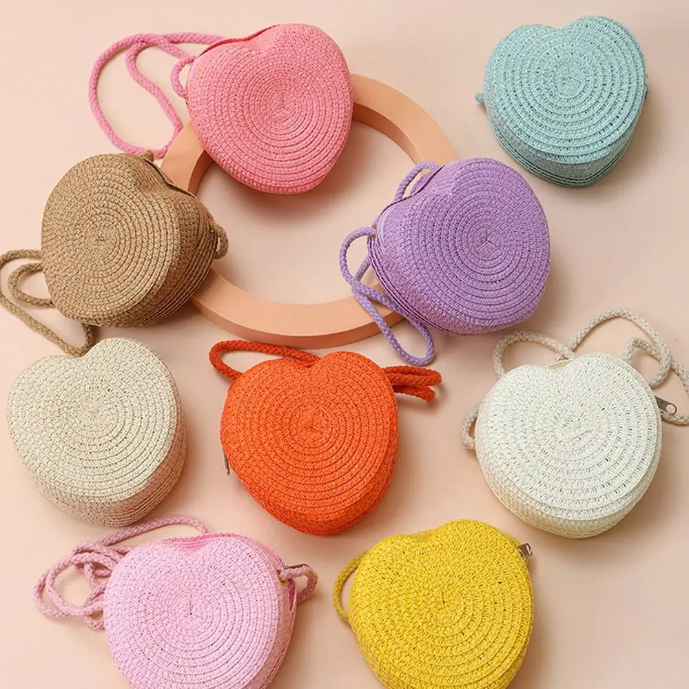 Fashion Woven Straw Shoulder Bags Cute Heart Shape Coin Purse Travel Creative Beach Bag for Children