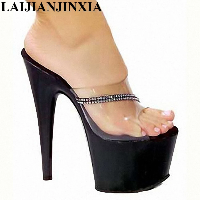 

LAIJIANJINXIA New 17CM/7inches PVC Upper Fashion Sexy Exotic High Heel Platform Party Women Slippers Pole Dance Shoes G037