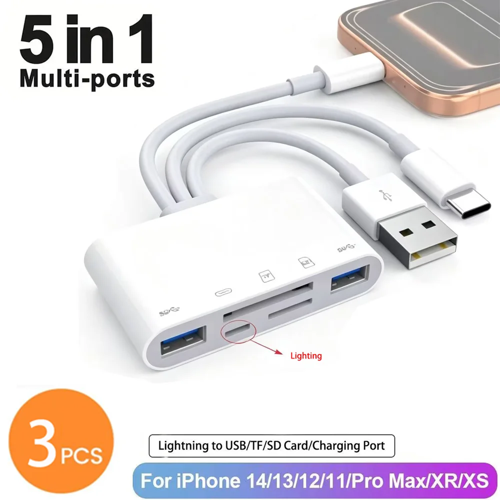 Leitor de Cartão Universal 8 em 1 USB 3.0 Tipo-C com Slots SD/TF e Adaptador OTG Lightning para Câmera, Instalação Externa para Android, iPhone e iPad