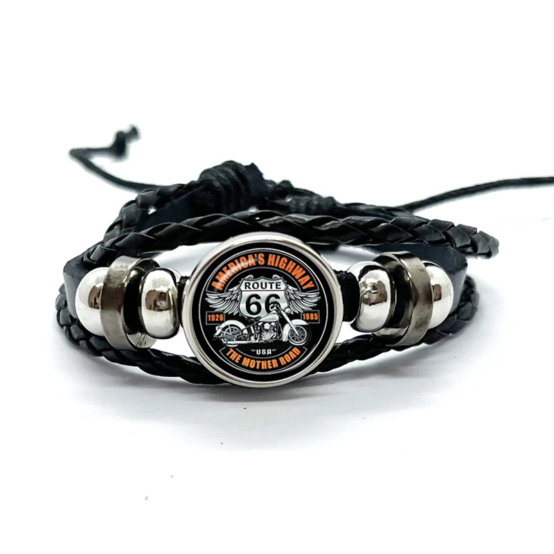 Old-fashion Signs US Route 66 Punk Bracelet Classic Retro Art Photo Glass Leather Bracelets Men Women Jewelry Gifts