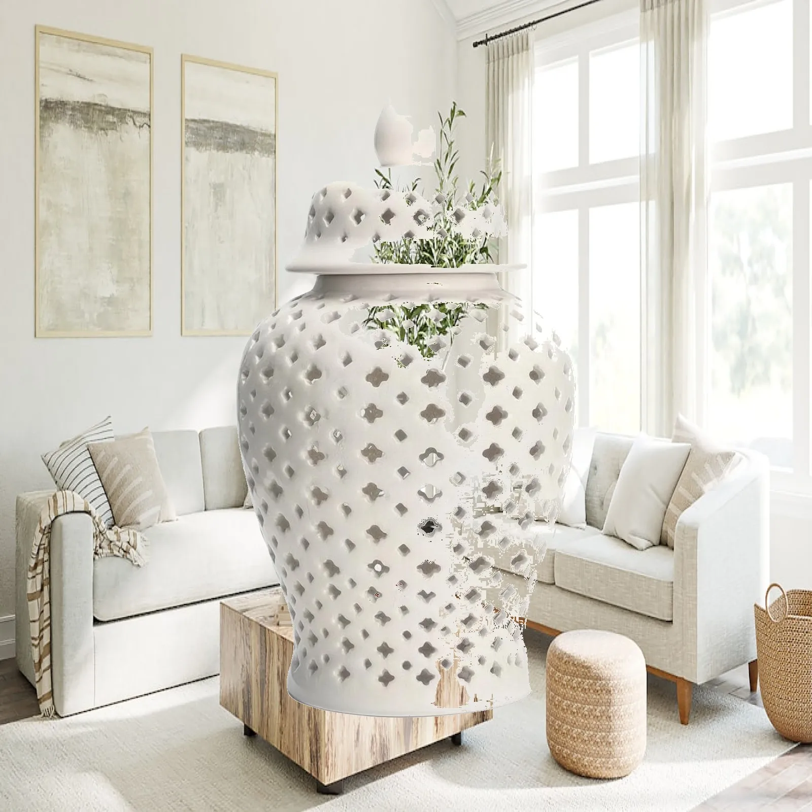 Ceramic Vase with Lid Vintage Pierced Jar Ginger Jar Smooth Glazed Decor Versatile for Homeowners, Living Room, Entryway