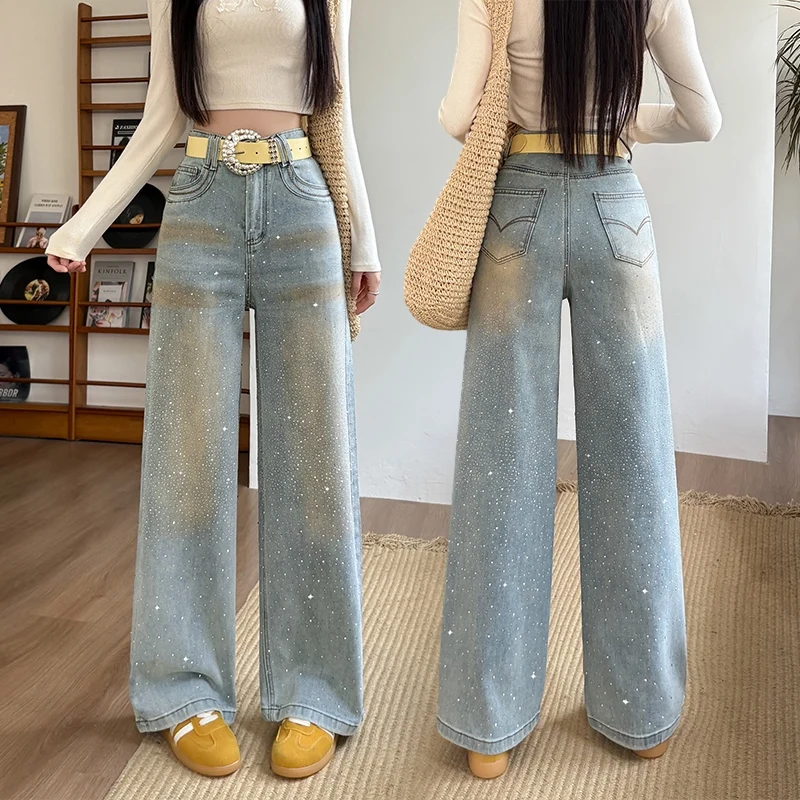 Women Sparkle Rhinestone Stretch Wide Leg Jeans, Hot Girl Style, Versatile Floor-Length Denim Pants, Hip Covering Slim Pants