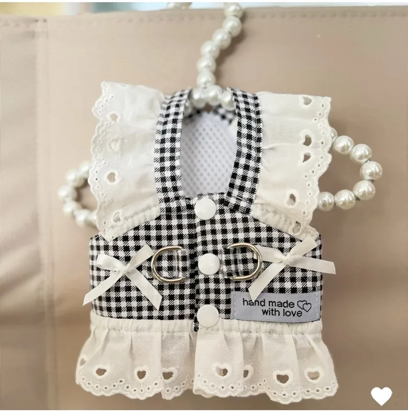 Haustier Hund Kleidung Spitze Rock Pastoralen Stil Schwarz Plaid Harness Welpen Kleider Universal Harness Traktionierbar Retro Prinzessin Kleid – Detail 9