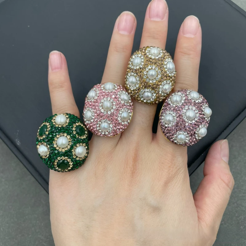 Natural freshwater pearl green rhinestone ring Exquisite fashion women\'s wedding party jewelry