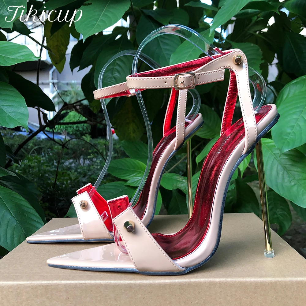 Tikicup 12cm Metal High Heels Stilettos Pumps Women Sexy Ankle Strap Pointy Toe Sandals Man Fetish Model Drag Queen Unisex Shoes