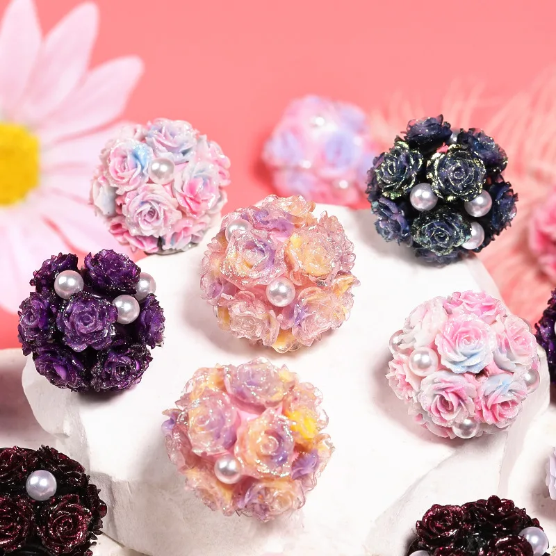 Newest Assorted Colors Simulation Glitter Rose Flower Decorated Floral Jewelry Beads Fit Bracelet Necklace Earrings 22mm 20pcs