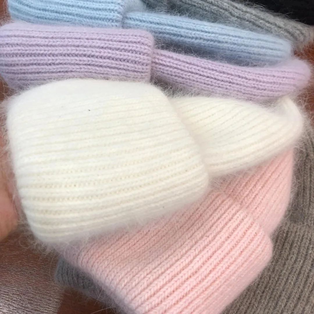 Winter Hat Angora Rabbit Fur Hats For Women Fashion Warm Beanie Candy Color Striped Knitted Hat Women Solid Adult Cover Head Cap