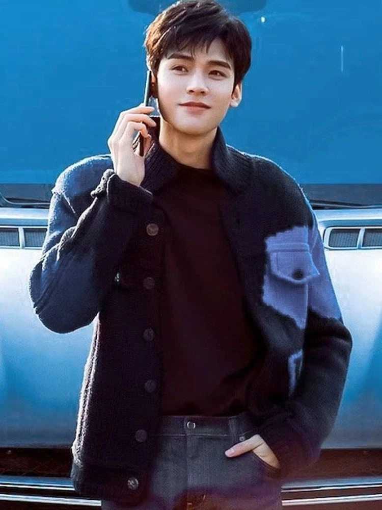 Trendy men's 100% cashmere cardigan high-quality color blocked knit sweater loose POLO collar Tops thick streetwear Pull Jumper