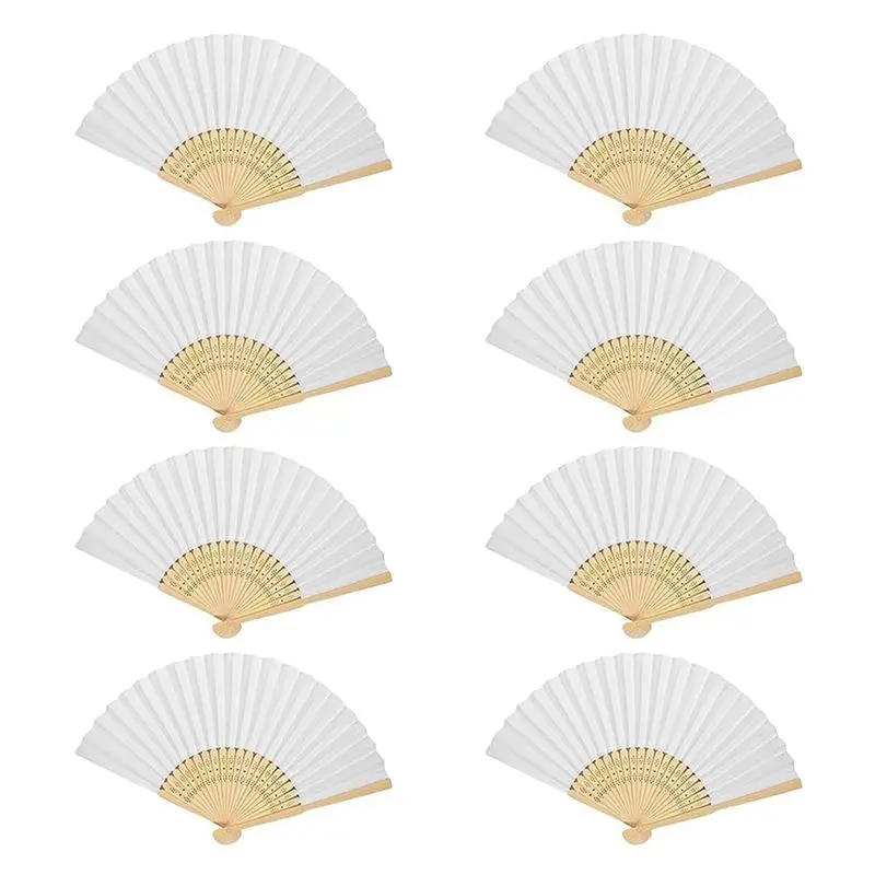 AEB0-8Pcs DIY Paper Folding Fan Bamboo Hand Held Fan Blank For Kids Drawing Handheld Paper Fan Handheld Folded Fan