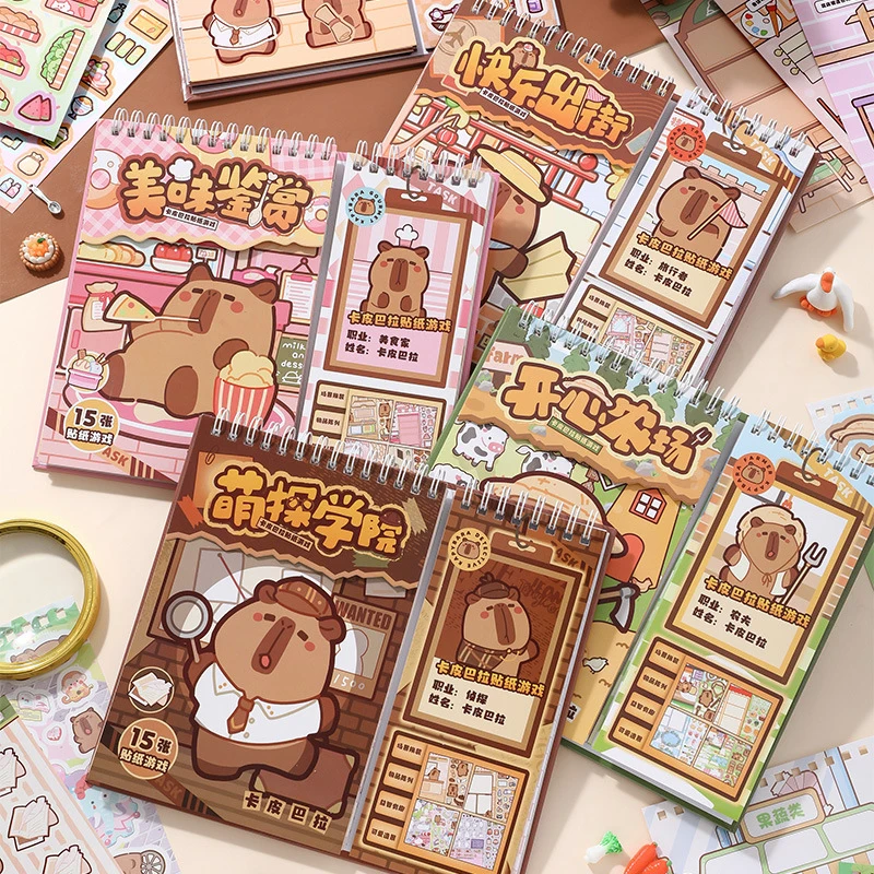 1Set Cartoon Cute Capybara Stickers Fashion DIY Pocket Cabin Scene Stickers Stacking Pasting Stickers Children Toys Gifts