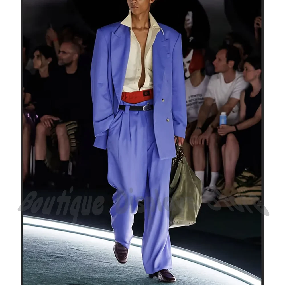 High Quality Men‘s Suit Peak Lapel Double Breasted Oversized Jacket Pants Solid Color Fashion Show Male Clothing Smart Casual