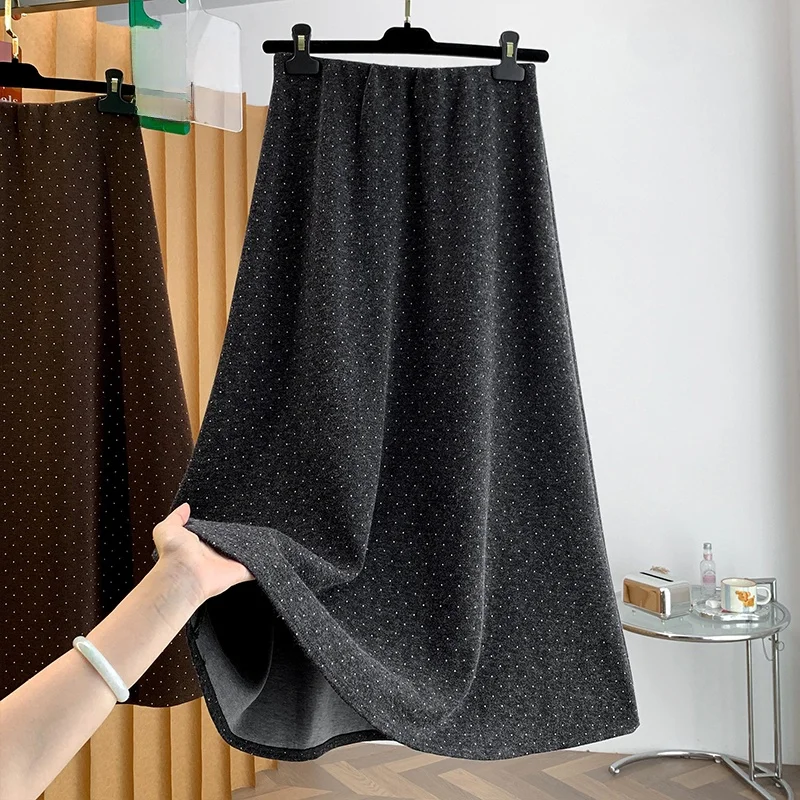 High Waist A-Line Skirt Korean Style Casual Artistic Women's Pure Color Button Autumn Winter Polka Dot Dress Elegant Fashion