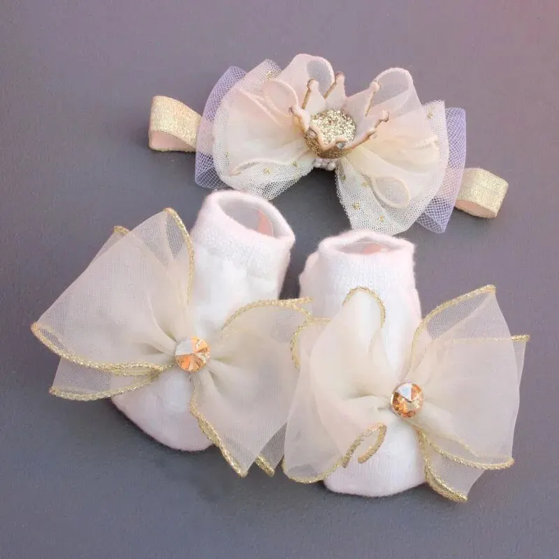 Calcetines de diadema de corona para bebé, lazos de encaje, calcetines de diadema para niña recién nacida, conjunto de accesorios para el cabello