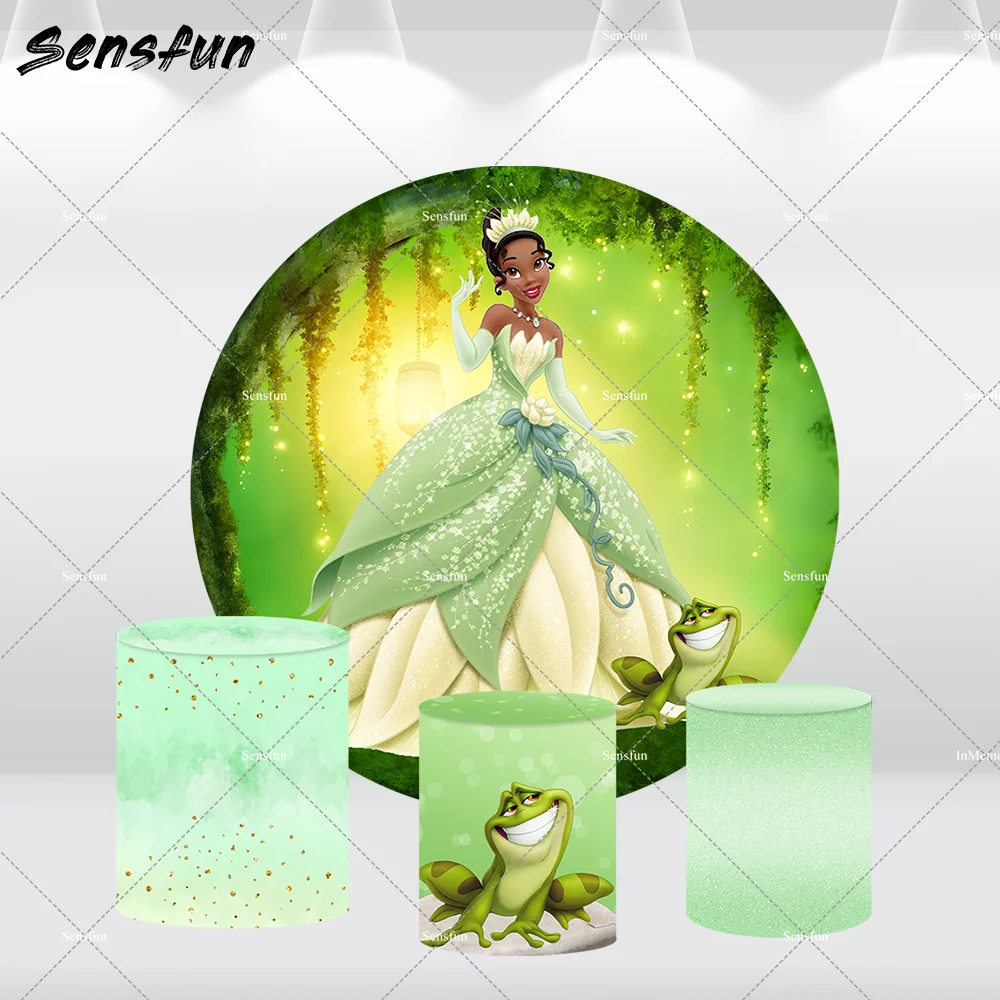 Princess Tiana Birthday Decoration for Girls Round Circle Backdrop Cover Green Forest Frog Cake Table Cylinder Covers Background