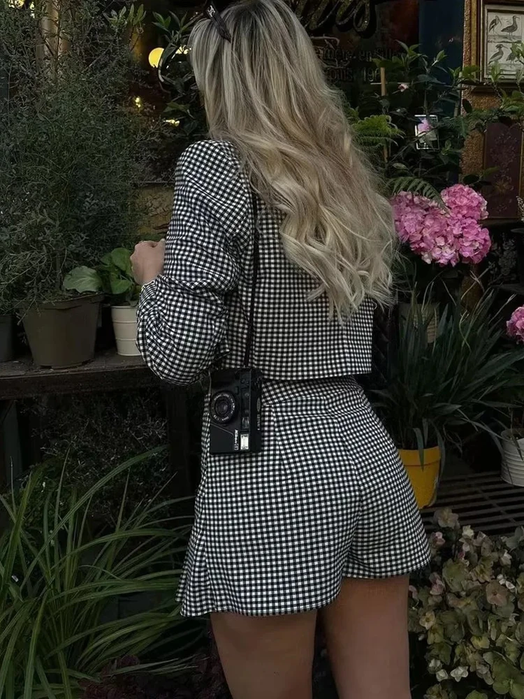 ByeMyLove Checkered Print Women\'s Suit Top and Skirt Outfits 2 Pieces Sets Women Casual V Neck Blazer Match Sets Plaid Print