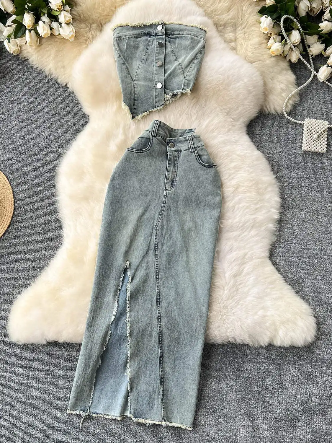 

American Design Sense Denim Set Women Pure Desire Spicy Girl Irregular ort Strapl Vest High Waist Split Skirt