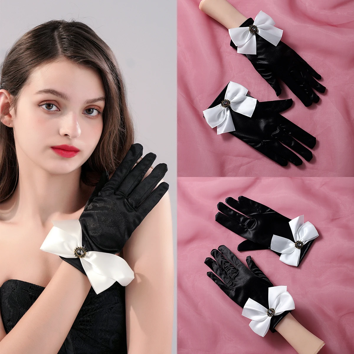 Paire de gants de longueur de poignet noirs avec nœud décoratif, accessoires adaptés aux mariages de la mariée ou aux danses pour femmes