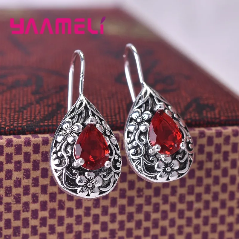 Vintage 925 Sterling Silver Waterdrop Flower Carving Zircon Drop Earrings for Women Girls Wedding Party Jewelry Gifts Accessory