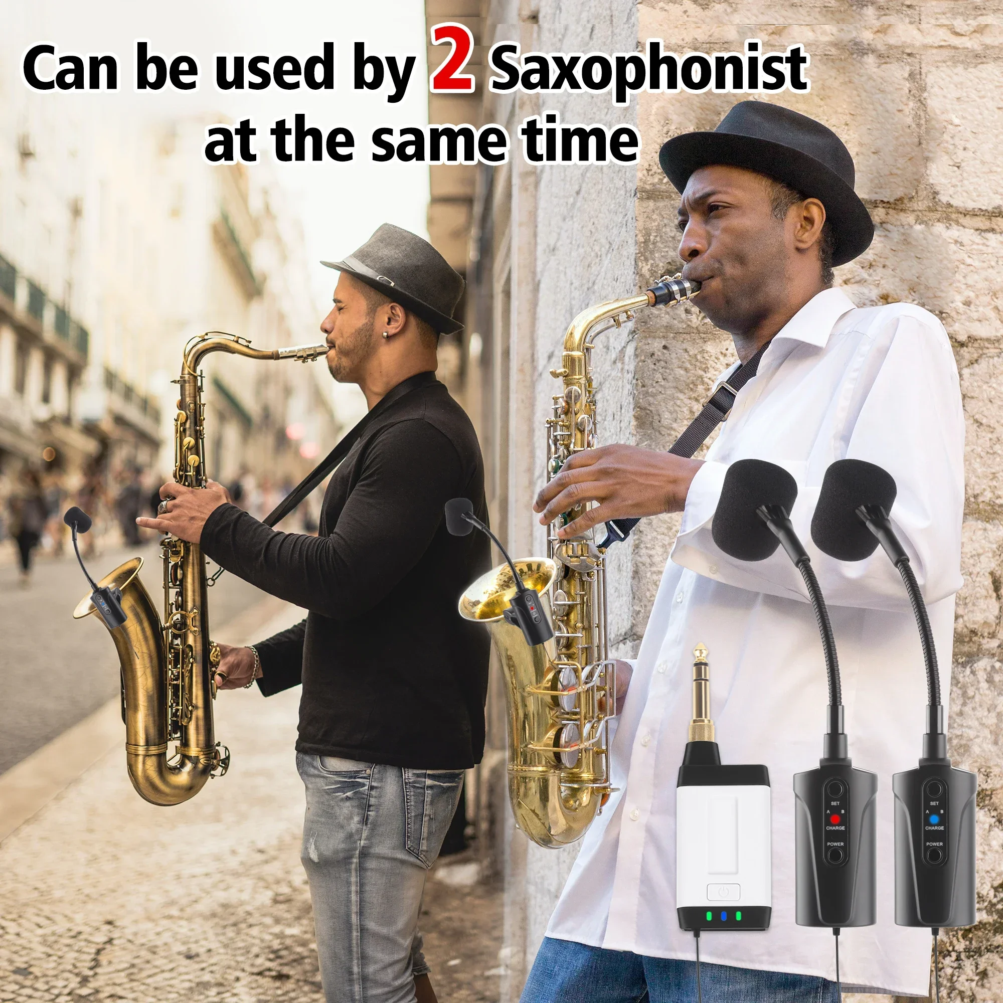 Double Microphone for Saxophone Q2/ST-5 Wireless Sax Microphone UHF Clip-on Mic Receiver and 2 Transmitter System for Saxophone