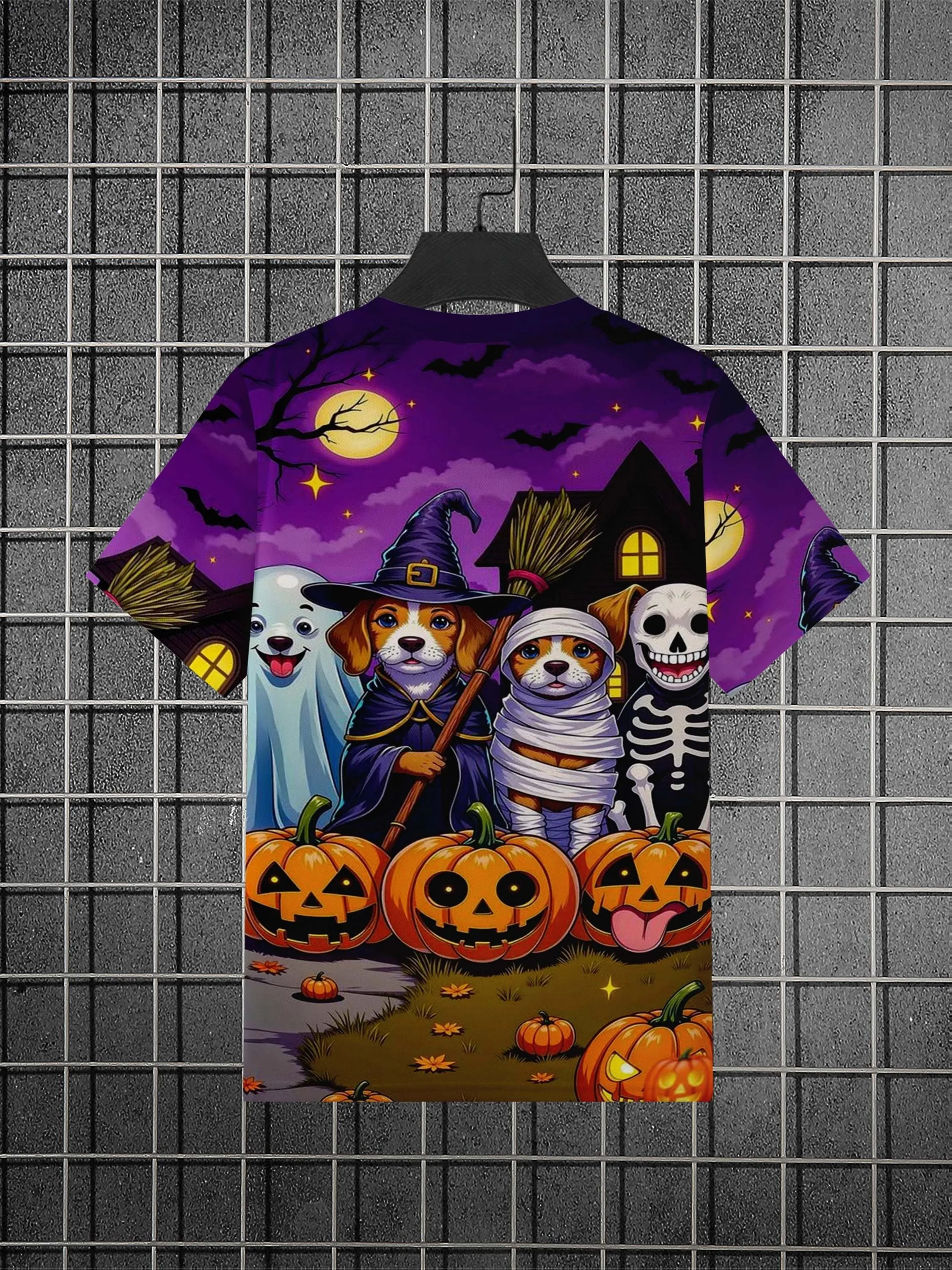 Men Short Sleeve T‑Shirt 3D Cosplay Dog Ghost Mummy Skeleton Pumpkin Moon Bat Print Halloween Party Casual Top