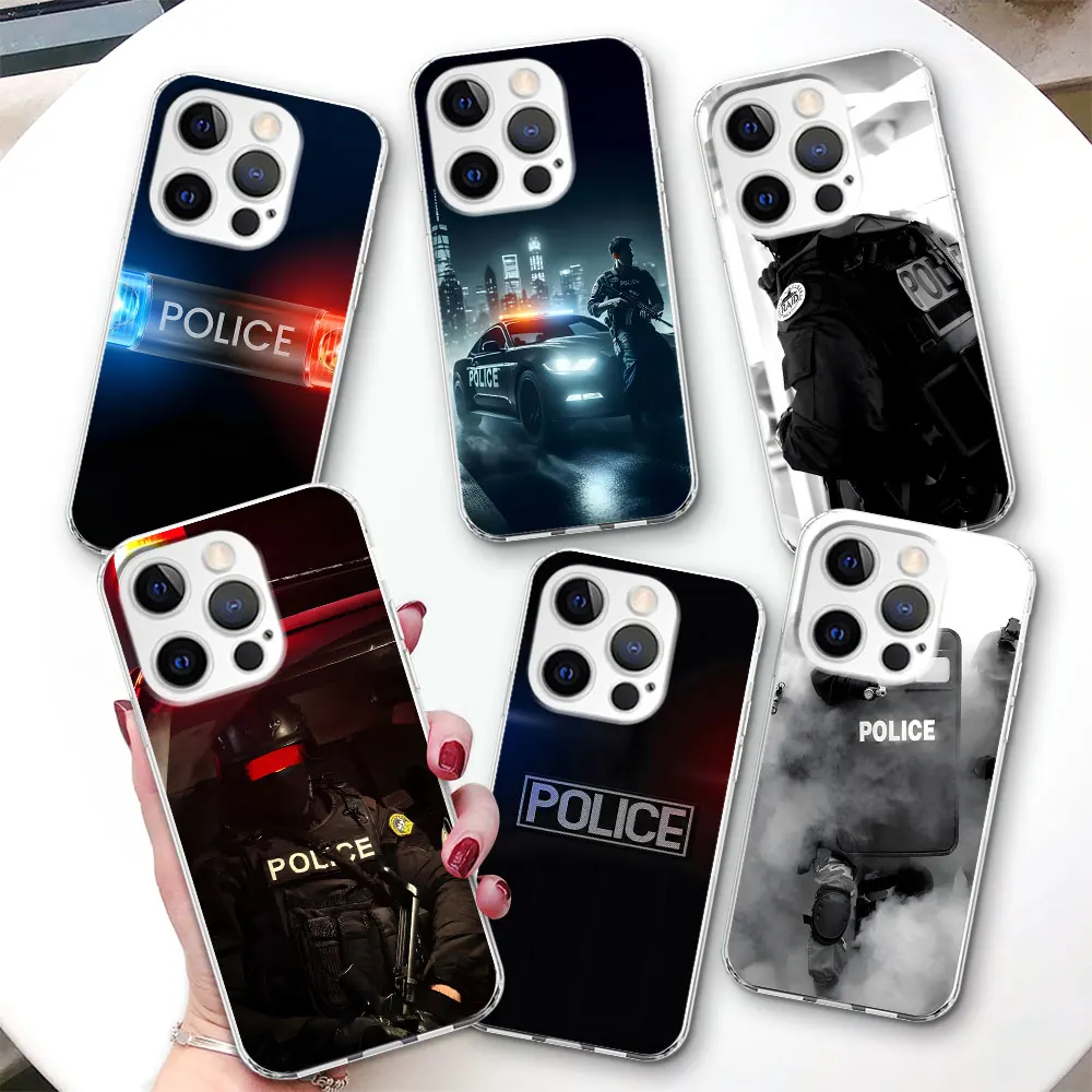 

Police Case for iPhone 17 Air 14 12 15 Pro 7 8 Plus 13 Mini XR X 6 XS Max 6S SE TPU Shockproof Transparent Phone Cover Shell