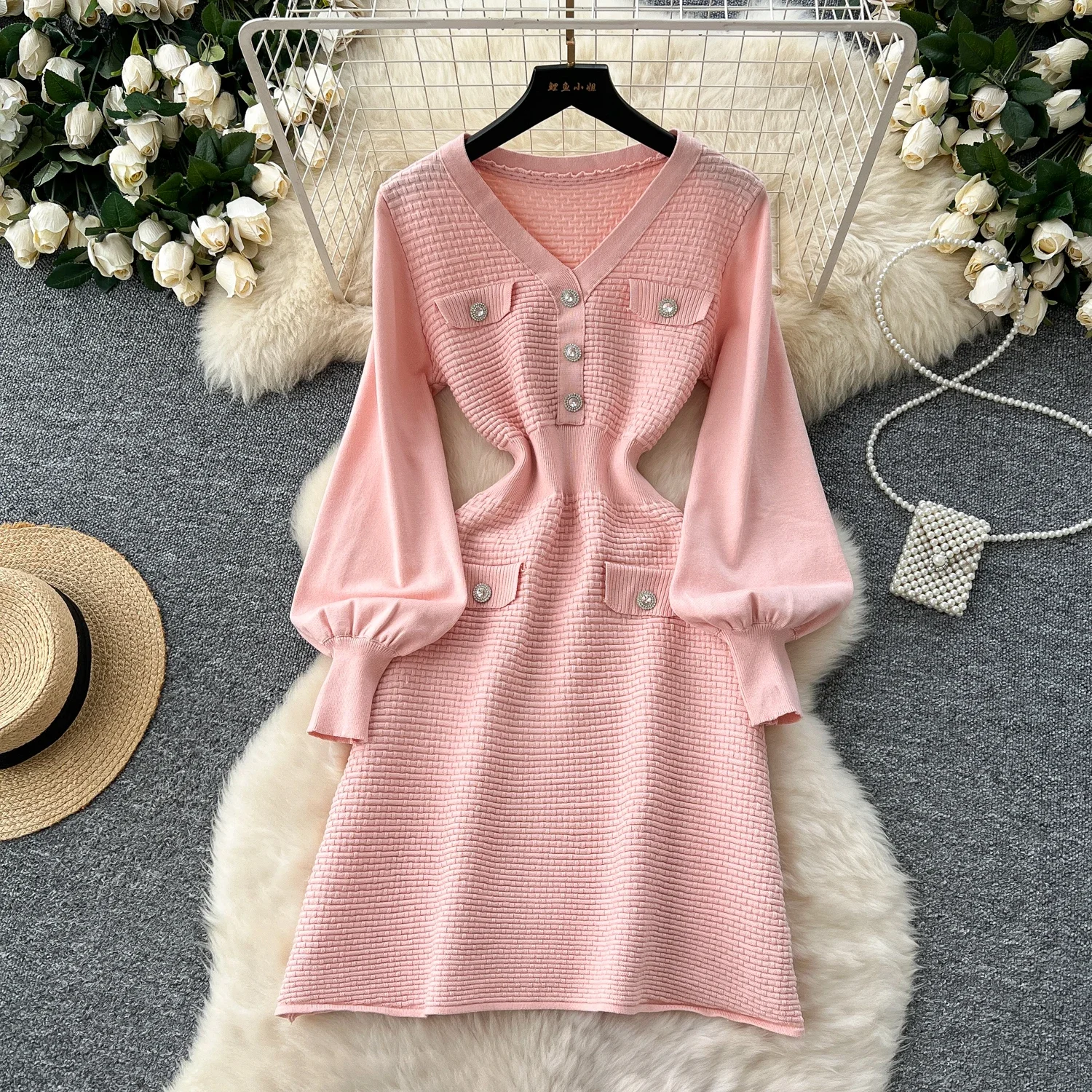 Elegant Long Lantern Sleeve Vintage V-neck Chic Diamonds Buttons Slim Knit A-line Dress Office Lady High Street Winter Clothing