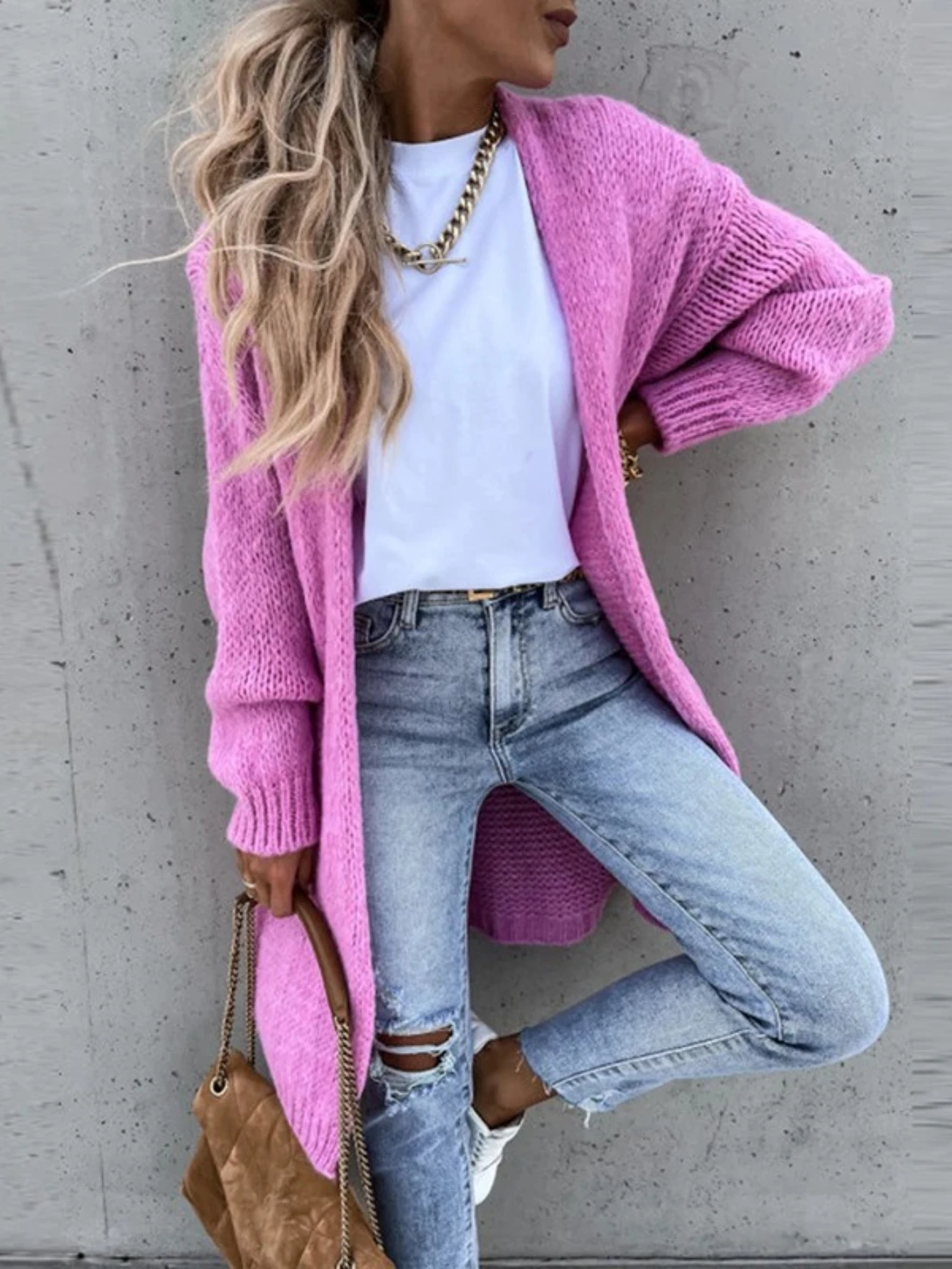 

Женский повседневный вязаный кардиган с длинным рукавом, осенний элегантный свободный однотонный свитер, пальто, зимняя мода, прямой