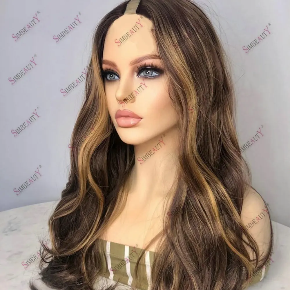 HIghlight Brown Soft Long Body Wave Glueless U Part Wig Human Hair Adjustable 1*4 Size V Part Wig Human Hair Easy Wear for Women