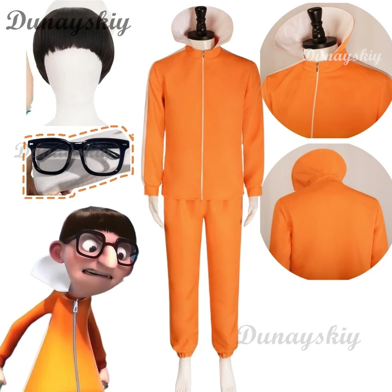 Jaqueta laranja e calças Cosplay Set Costume, filme Vector, Halloween Fancy Suit, roupas de festa, casaco, Cogumelo em forma, peruca, óculos