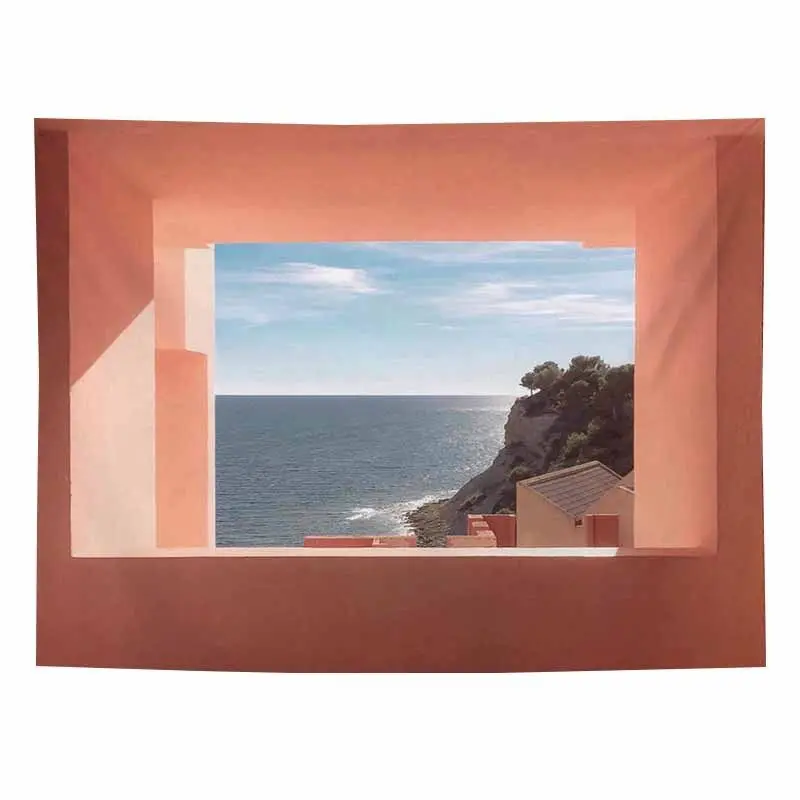 VIKAMA Orange Frame Window Sea View Tapestry Wall Hanging Home Decor for Bedroom Living Room Dorm Seaside Window Aesthetic