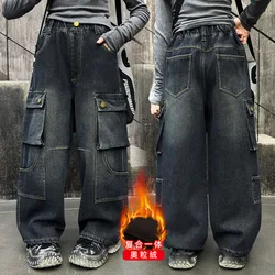 Winter Warm Children Cargo Jeans Pants For Girl Fashion Streetwear Kids Thick Retro Denim Trousers Teens Street Wide Leg Pants