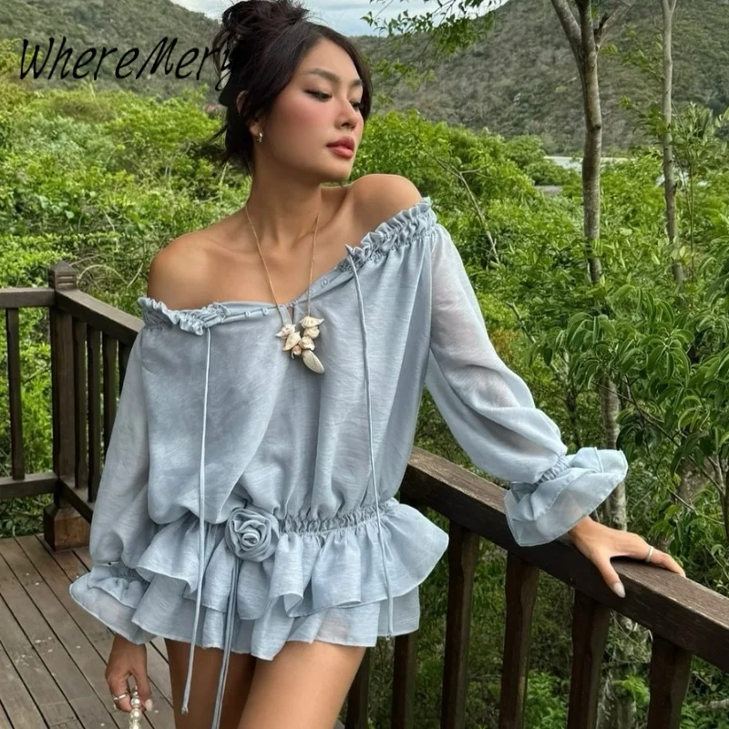 WhereMery Elegant Mesh Ruffles Mini Dresses Sheer Sleeve Slash Neck Slim Flower Lace Up Dress Casual Streetwear Women Vestidos