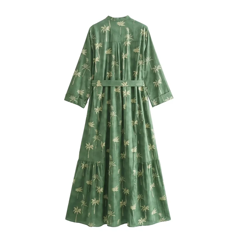 TRAF Print Green Shirt Dress Woman Tied Belt Ruffle Midi Dresses 2024 Button Up Summer Casual Long Dresses Beach Holiday Dress