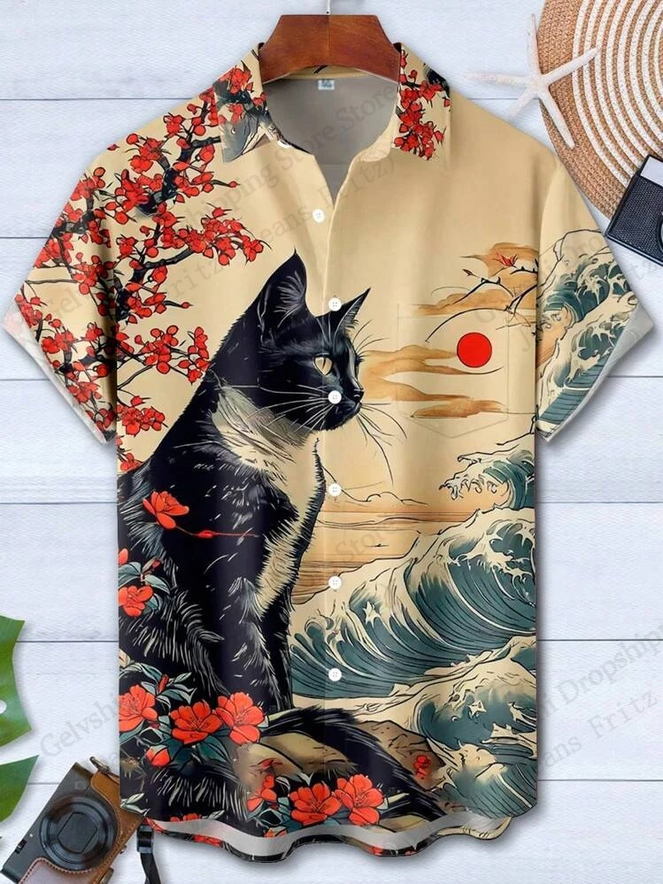 

Animal Cat Hawaiian Shirt Japanese Blossom Samurai 3D Print Shirt Men Women Fashion Short Sleeve Vocation Beach Blouse Clothing