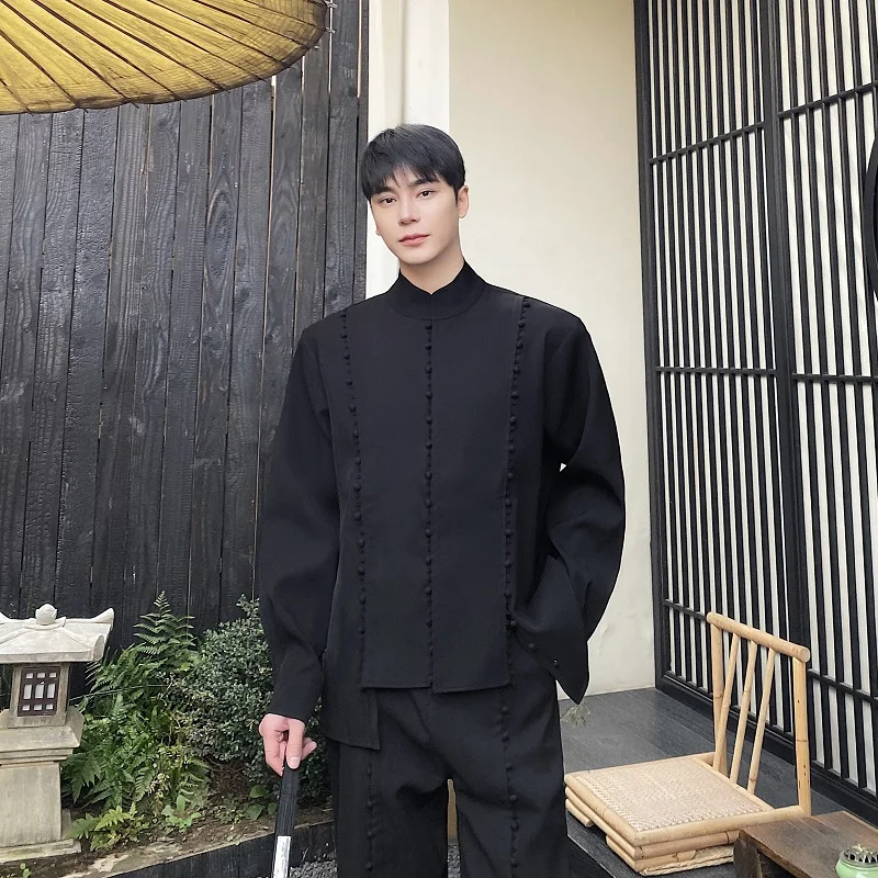 GDHLWMY Autumn Two Piece Chinese Heavy Craft Bag Buckle Stand Collar Long Sleeve Men's Shirt Wide Leg Pants Set