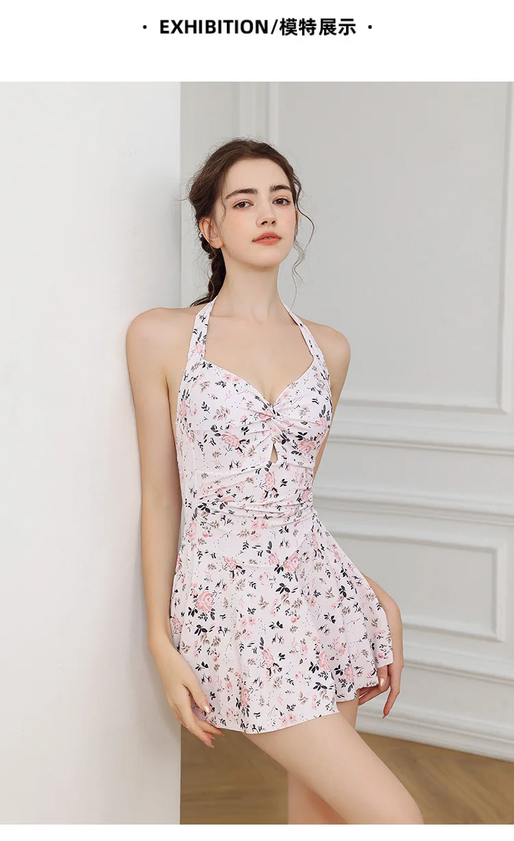 New In Summer 2025 Floral Print String Swimsuit Deep V Neck Halter Sexy Mini Dress For Women Beach Swimsuit Dress Bikinis Sets