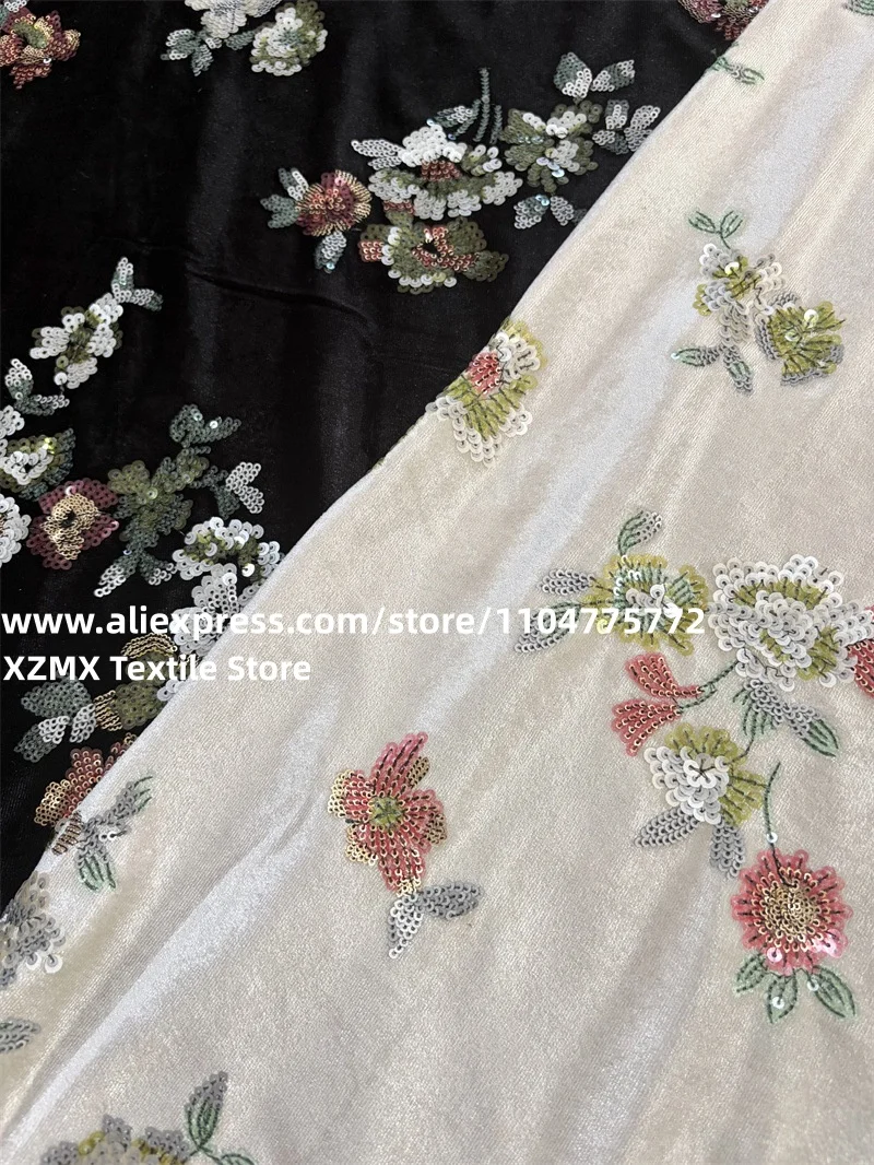 Luxury Velvet Sequin Embroidery Fabric, Scattered Floral Sequins Pattern Velour Material for Apparel & Decor