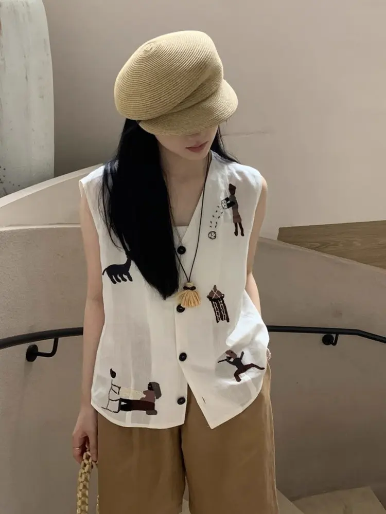 Ele Haftowana Lniana Kamizelka Cienka Bluzka na Ramiączkach z Dekoltem w Serek Damska Moda Letnia Odzież Wierzchnia Uniwersalna Mieszanka Bawełny i Lnu