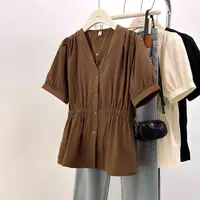 Chemisier et haut de bureau tendance pour femme, taille élastique, grande taille (200 livres), couleur unie, col en V, style chic français, basiques 5