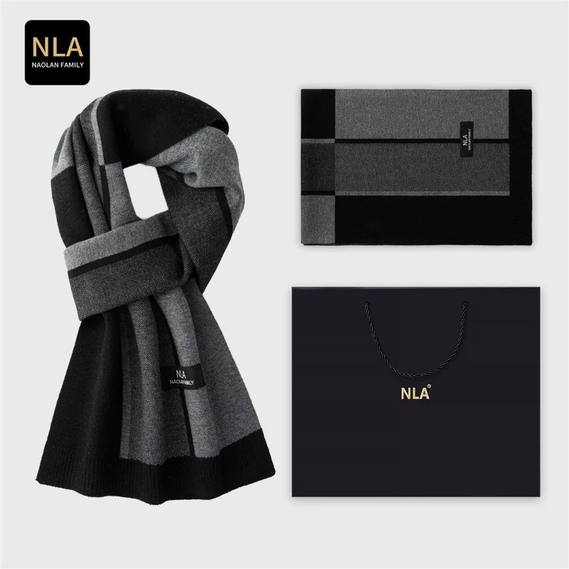 New Classical Bussiness Knitted Men Scarf Wool Blend Casual Plaid Thermal Male Scarves Fall Winter Simple Luxury Muffler NO Box