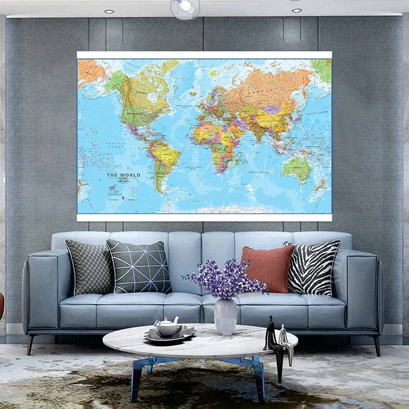 Mapa del mundo de 120x80cm, imagen sin marco, póster artístico de pared, pintura en lienzo de vinilo, decoración del hogar para aula, oficina y escuela