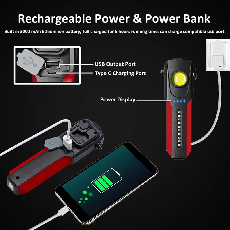 SQPP-Multifunctional LED COB Flashlight With Window Breaker,1200 Lumens Magnet Outdoor Handheld Emergency Working Light